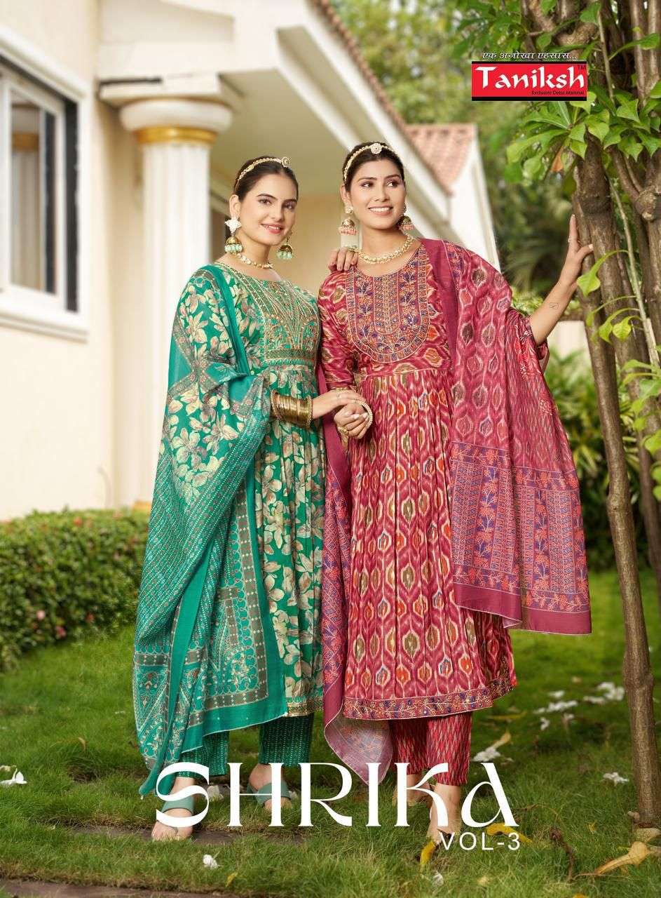 SHRIKA VOL-03 BY TANIKSH 1001 TO 1008 SERIES DESIGNER MUSLIN STITCHED DRESSES