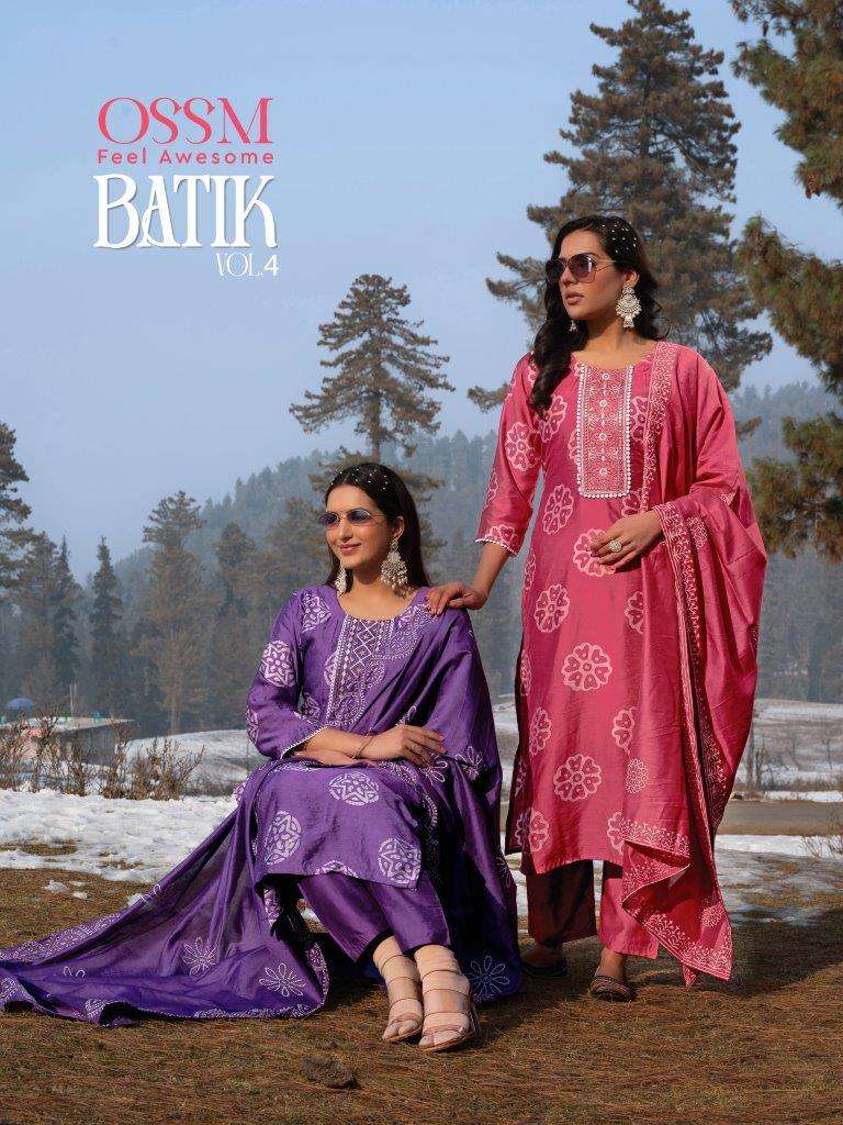 BATIK VOL-04 BY OSSM 101 TO 106 SERIES CHANDERI EMBROIDERED STITCHED DRESSES