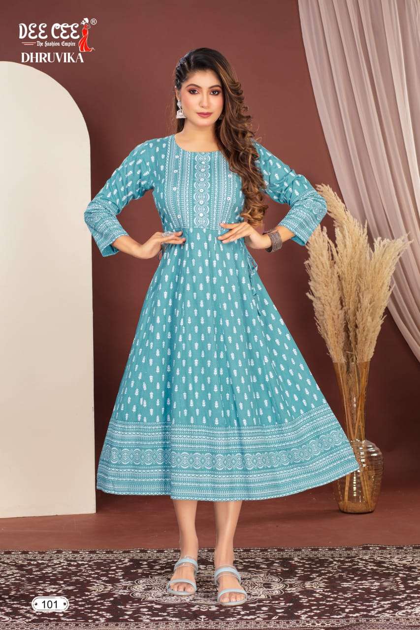 DHRUVIKA BY DEE CEE 1001 TO 1006 SERIES DESIGNER FANCY RAYON PRINT KURTIS