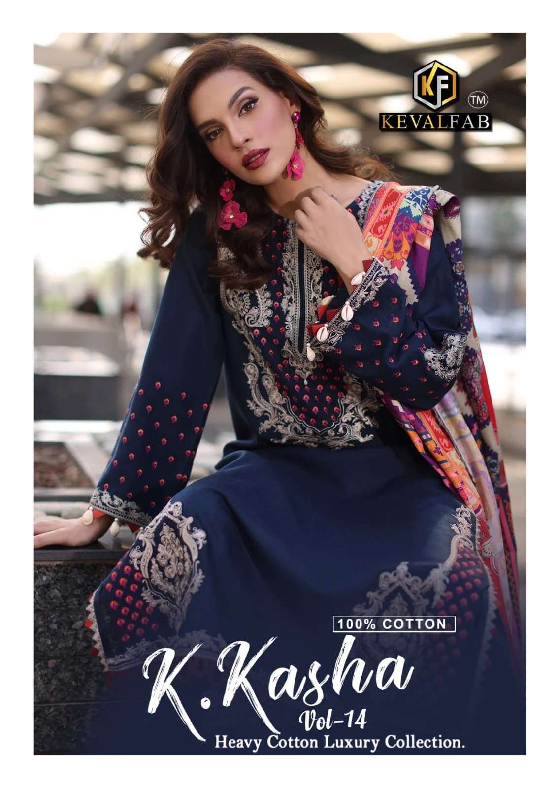 K.KASHA VOL-14 BY KEVAL FAB 14001 TO 14006 SERIES COTTON PAKISTANI DRESSES