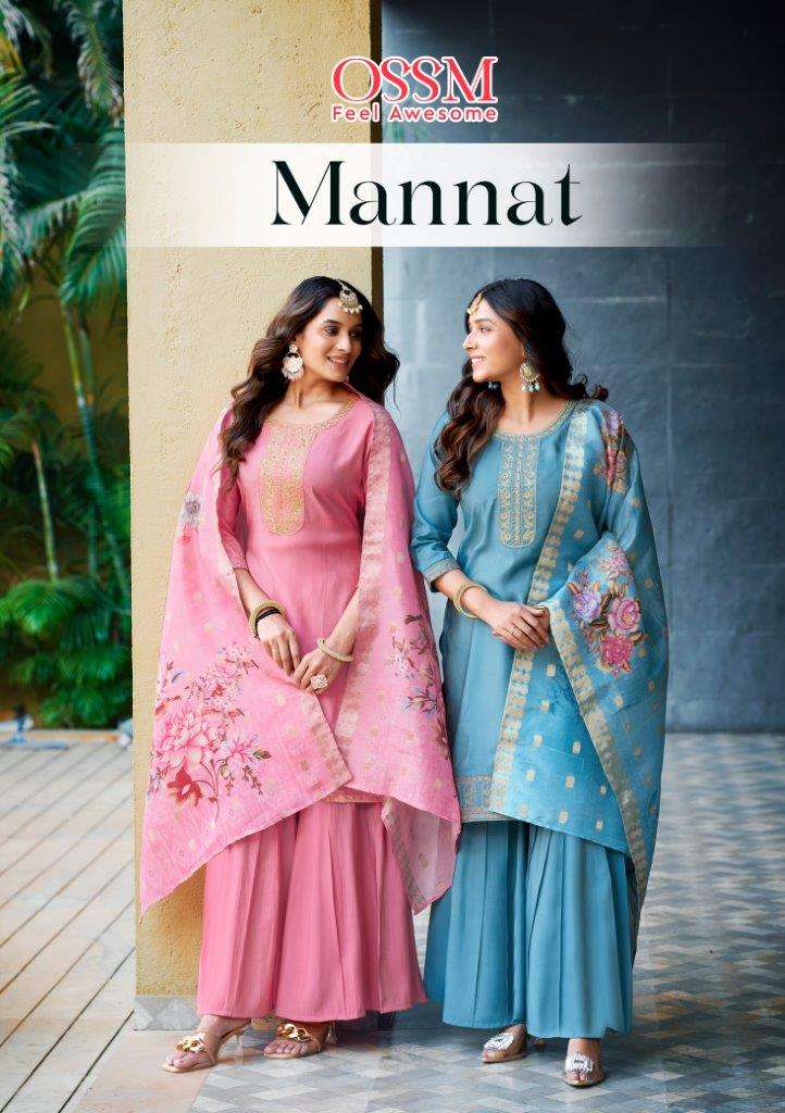 MANNAT VOL-01 BY OSSM 1001 TO 1006 SERIES FANCY PURE VISCOSE ROMAN WORK DRESSES