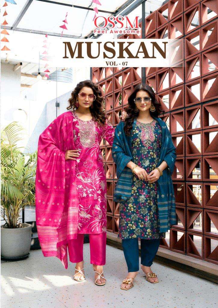 MUSKAN VOL-7 BY OSSM 701 TO 706 SERIES SILK EMBROIDERY STITCHED DRESSES