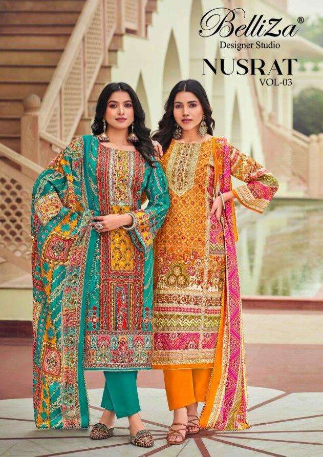 NUSRAT VOL-03 BY BELLIZA 1015-001 TO 1015-006 SERIES VISCOSE EMBROIDERY DRESSES