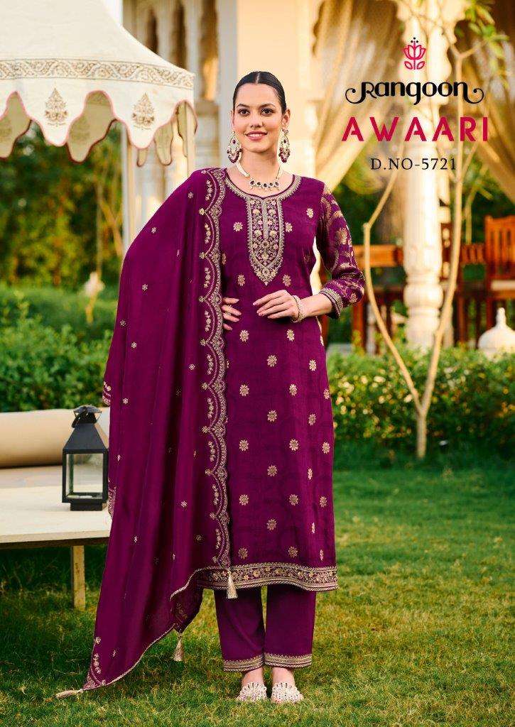 AWAARI VOL-01 BY RANGOON 5721 TO 5724 SERIES HEAVY MUSLIN JACQUARD WORK DRESSES