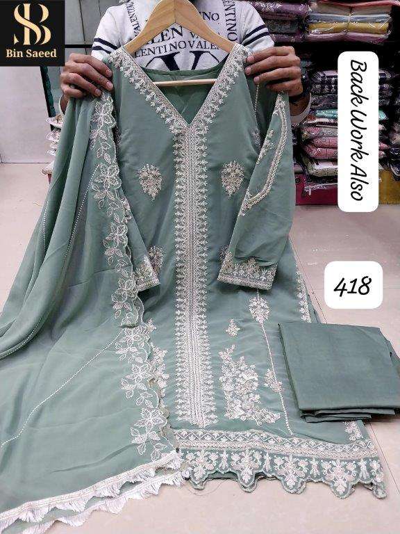 BIN SAEED READYMADES 418 BY ASLIWHOLESALE DESIGNER PURE GEORGETTE EMBROIDERY  PAKISTANI DRESSES