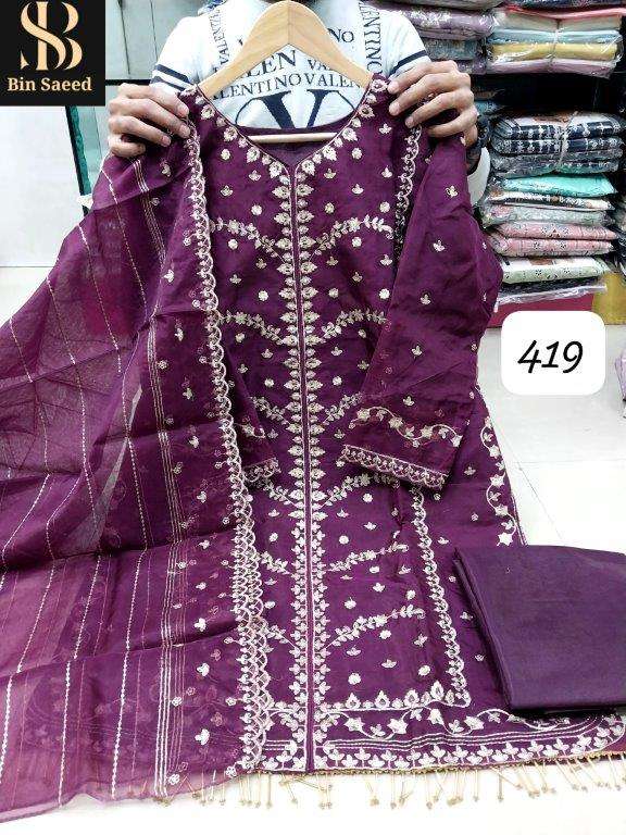 BIN SAEED READYMADES 419 BY ASLIWHOLESALE DESIGNER PURE ORGANZA PAKISTANI DRESSES