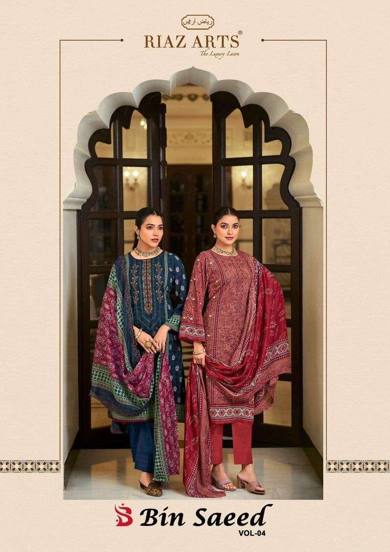 BIN SAEED VOL-04 BY RIAZ ARTS 401 TO 408 SERIES COTTON LAWN PRINT EMBROIDERY DRESSES