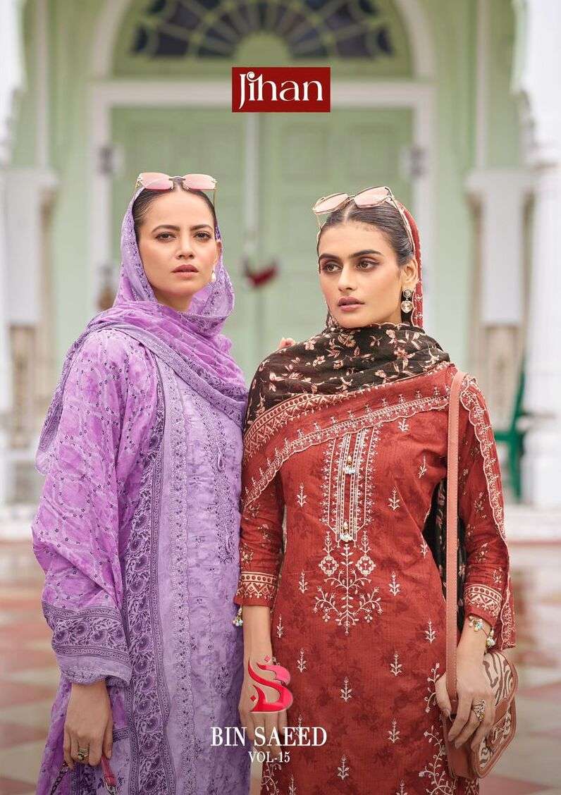 BIN SAEED VOL-15 BY JIHAN DESIGNER PURE HEAVY COTTON EMBROIDERY DRESSES