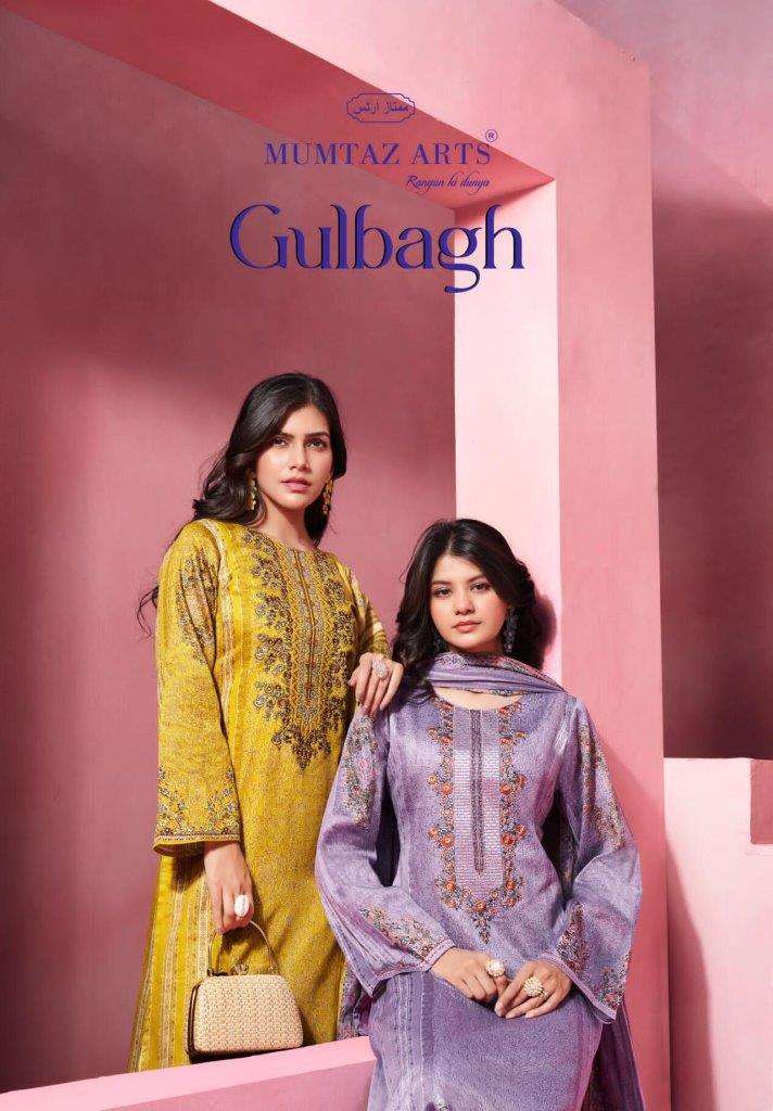 GULBAGH BY MUMTAZ ARTS 9901 TO 9906 SERIES PURE JAM SATIN PRINT DRESSES