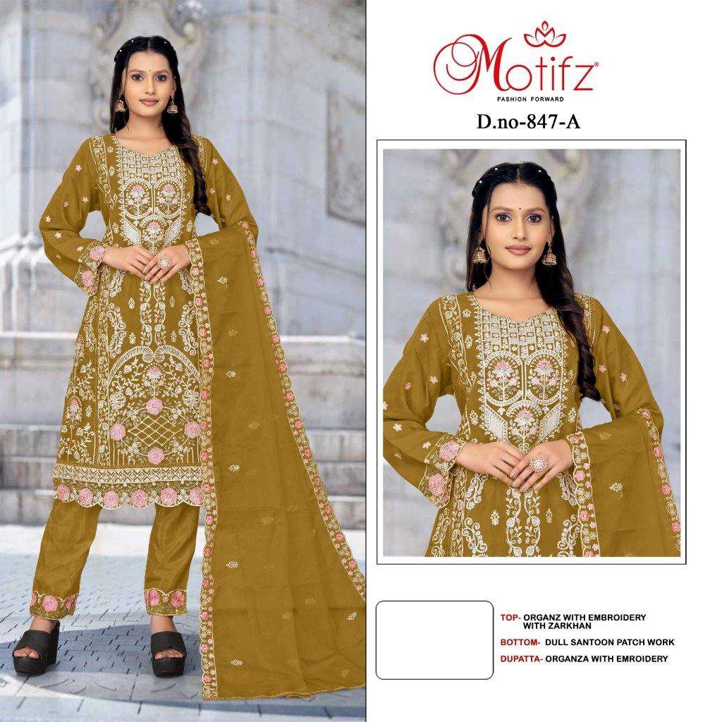 MOTIFZ 847 COLOURS BY MOTIFZ DESIGNER ORGANZA EMBROIDERY PAKISTANI DRESSES