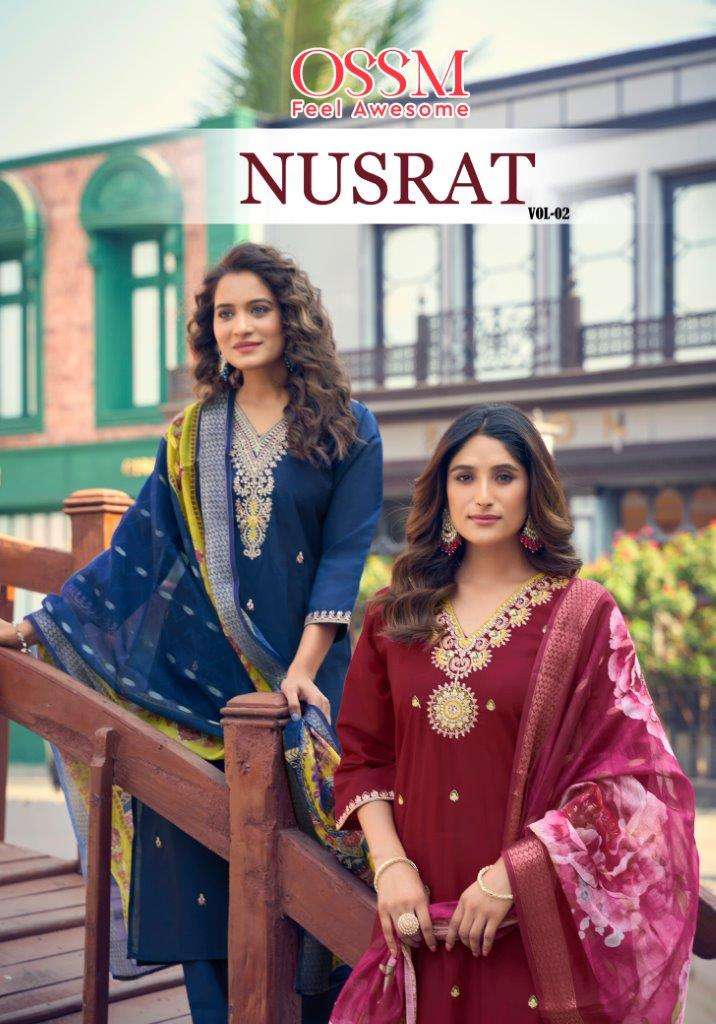 NUSRAT VOL-02 BY OSSM 101 TO 106 SERIES FANCY PURE VISCOSE ROMAN SILK WORK DRESSES