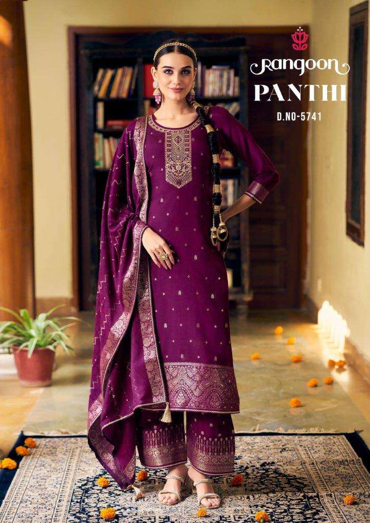 PANTHI VOL-01 BY RANGOON 5741 TO 5744 SERIES HEAVY CHINON WORK DRESSES