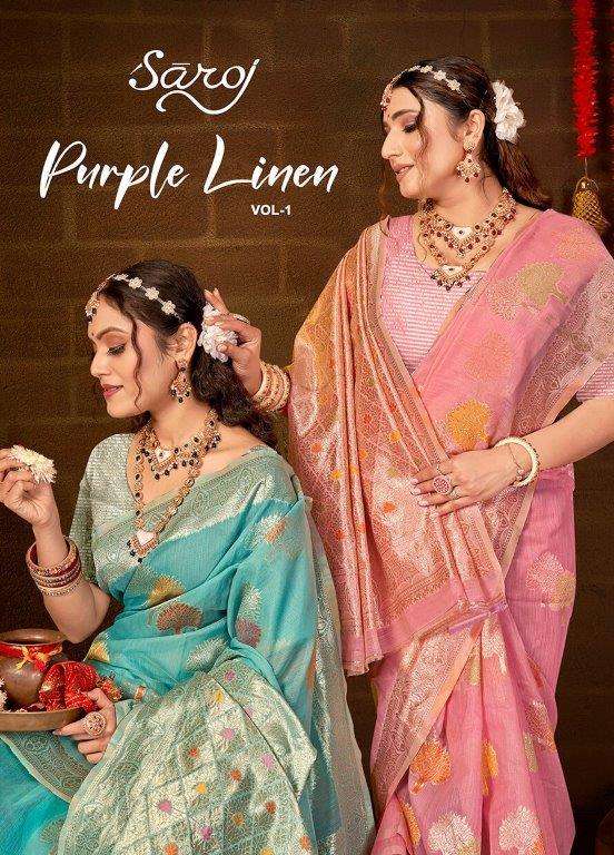 PURPLE LINEN VOL-01 BY SAROJ 1001 TO 1006 SERIES PURE LINEN SILK SAREES