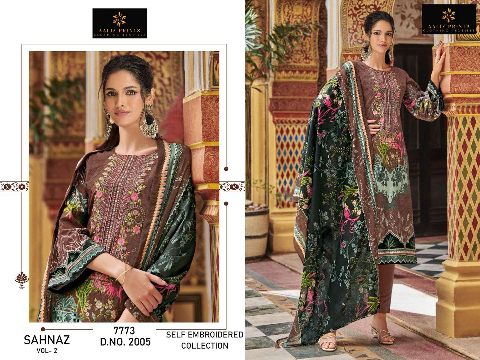 SAHNAZ VOL-2 BY AALIZ PRINTS DESIGNER PURE COTTON EMBROIDERED PAKISTANI DRESSES-00062