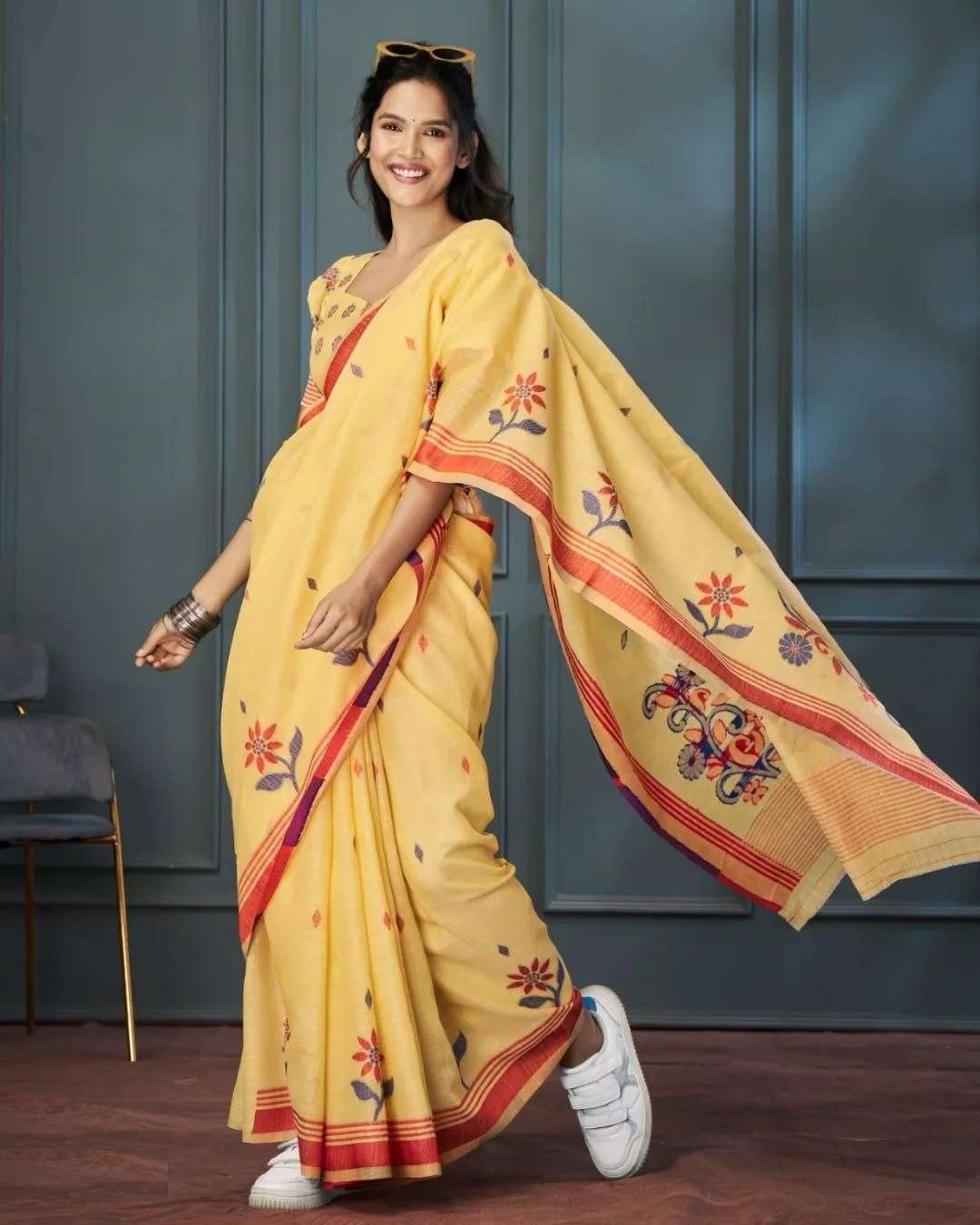 114 COLOUR BY ASLIWHOLESALE DESIGNER FANCY FLORAL LINEN PRINTED SAREES-00135
