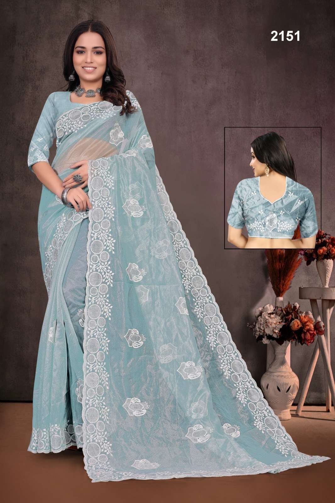 2151 COLOUR BY ASLIWHOLESALE DESIGNER PURE TWIL NET EMBROIDERY SAREES -00103