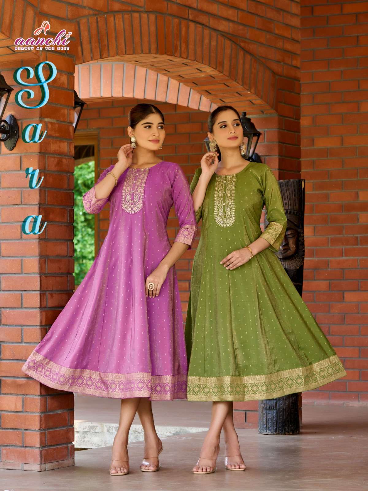 AANCHI SARA 01 TO 04 SERIES PURE ROMAN SIMMER PRINTED EMBROIDERY KURTIS-00286