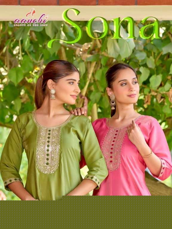 AANCHI SONA PURE ROMAN SIMMER EMBROIDERY KURTIS-00286
