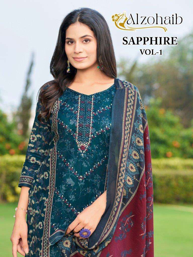 ALZOHAIB SAPPHIRE VOL-01 PURE COTTON PAKISTANI HEAVY HAND EMBROIDERED DRESSES-00071
