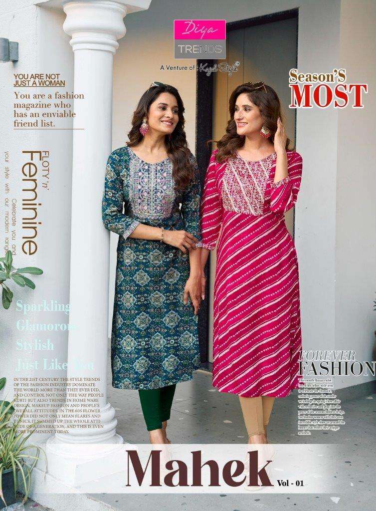 DIYA TRENDZ MAHEK VOL-01 1001 TO 1008 SERIES RAYON PRINT KURTIS-00140