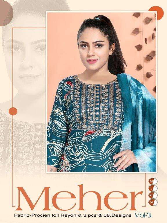  FASHION TALK MEHER VOL-21 3001 TO 3008 PURE RAYON PROCIAN PRINTED EMBROIDERY DRESSES-00093