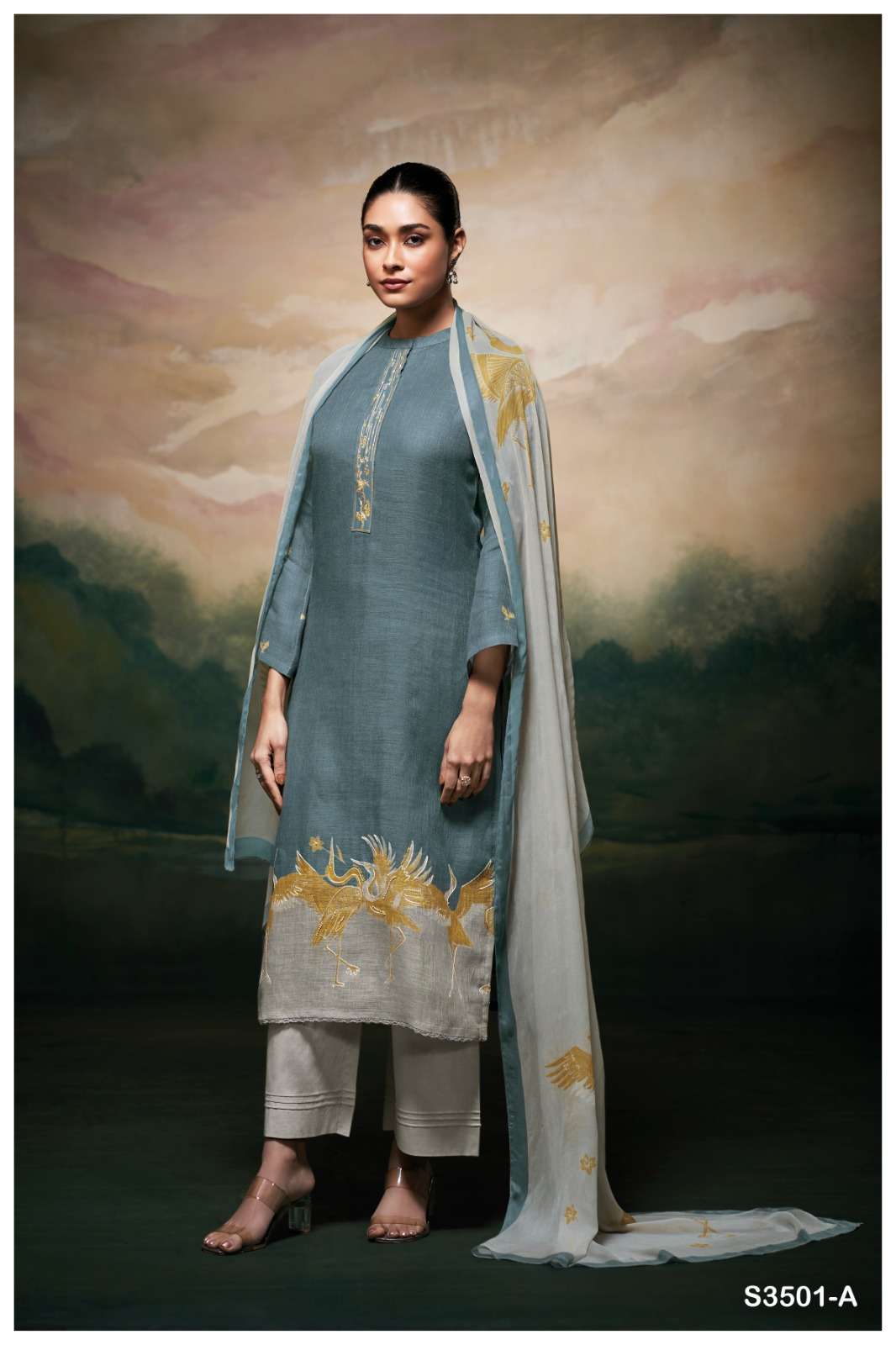 GANGA FASHION KALEAH PURE LINIEN PRINTED EMBROIDERY DRESSES-00252