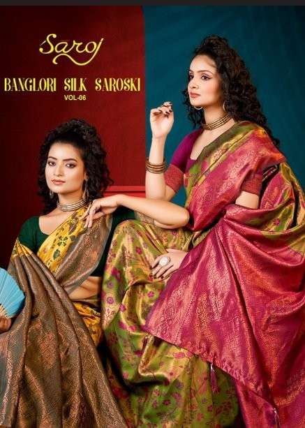 SAROJ BANGLORI SILK SAROSKI VOL-6 1001 TO 1006 SERIES PURE SOFT KANJIVARM SILK SAREES-00098