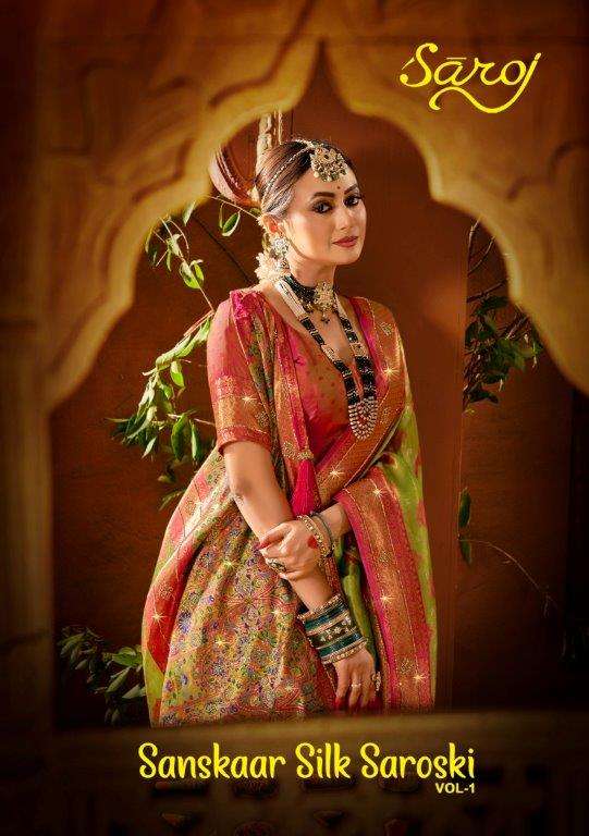 SAROJ SANSKAAR SILK SAROSKI VOL-1 1001 TO 1006 SERIES PURE SILK SAREES-00098
