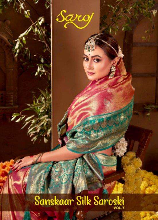SAROJ SANSKAAR SILK SAROSKI VOL-7 1001 TO 1006 SERIES PURE SILK SAREES-00098