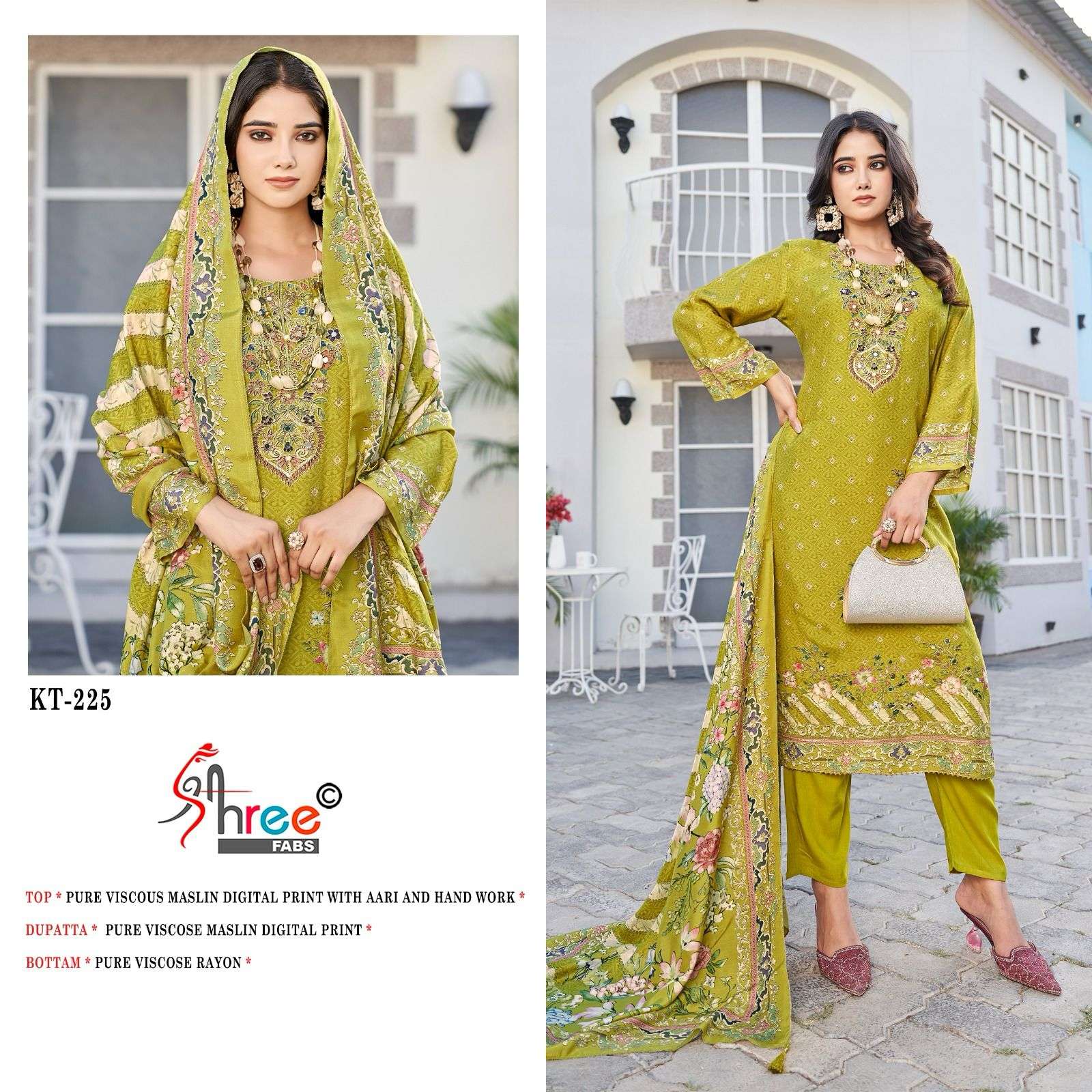 SHREE FABS KT-225 COLOURS DESIGNER VISCOSE MUSLIN EMBROIDERY PAKISTANI DRESSES-00011
