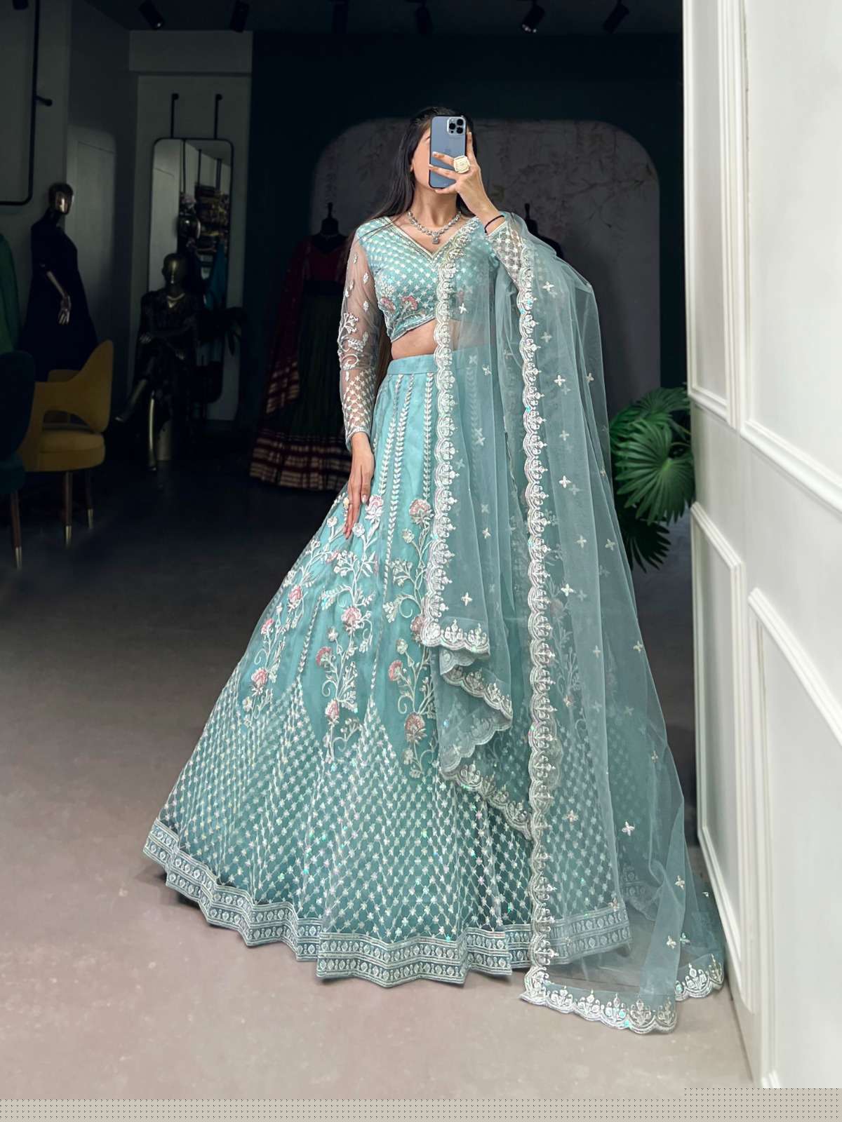 1432 COLOUR BY ASLIWHOLESALE DESIGNER PURE NET EMBROIDERY LEHENGA-00195