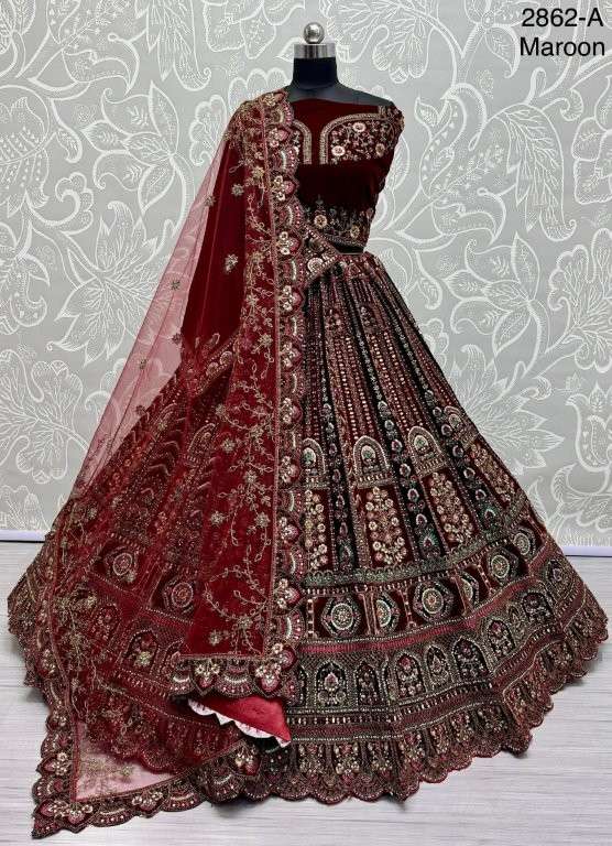 2862 HIT COLOUR BY ASLIWHOLESALE DESIGNER PURE VELVET EMBROIDERY LEHENGAS-00130