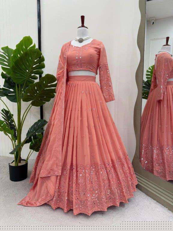 350 HIT COLOUR BY ASLIWHOLESALE DESIGNER PURE FAUX GEORGETTE EMBROIDERY LEHENGAS-00246