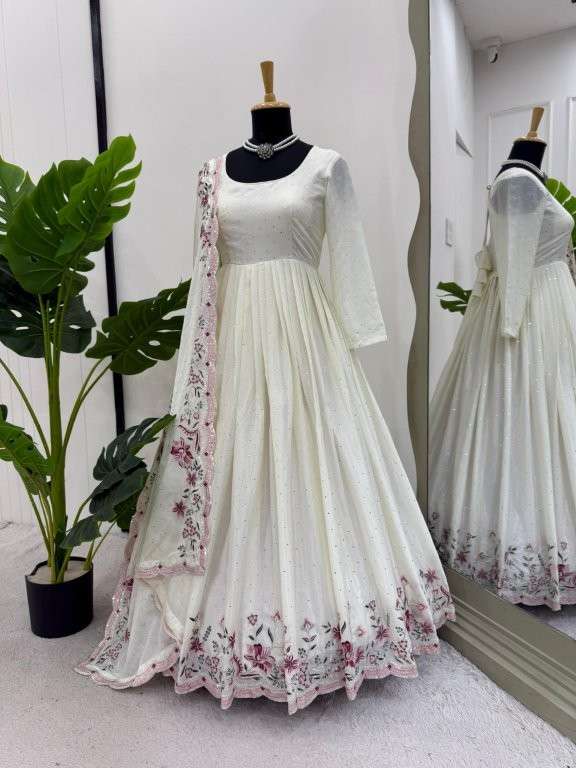 5873 HIT COLOUR BY ASLIWHOLESALE DESIGNER PURE CHINON SILK EMBROIDERY DRESSES-00242