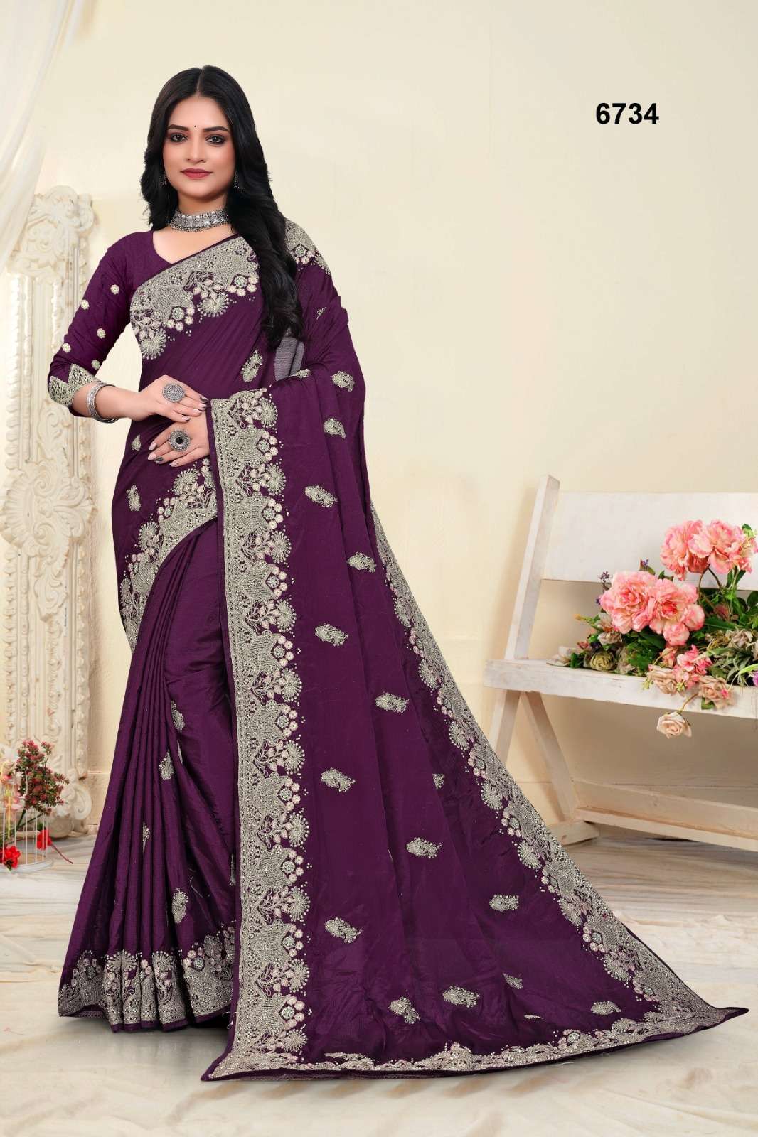 6734 COLOUR BY ASLIWHOLESALE DESIGNER PURE SOFT CHINON EMBROIDERY SAREES-00103