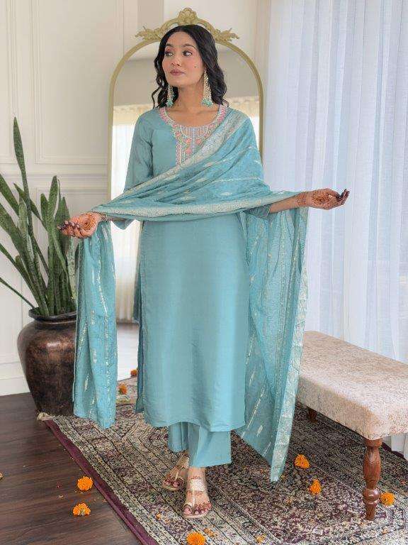 AADHVI BY ASLIWHOLESALE DESIGNER PURE VISCOSE CHANDERI EMBROIDERY DRESSES-00264