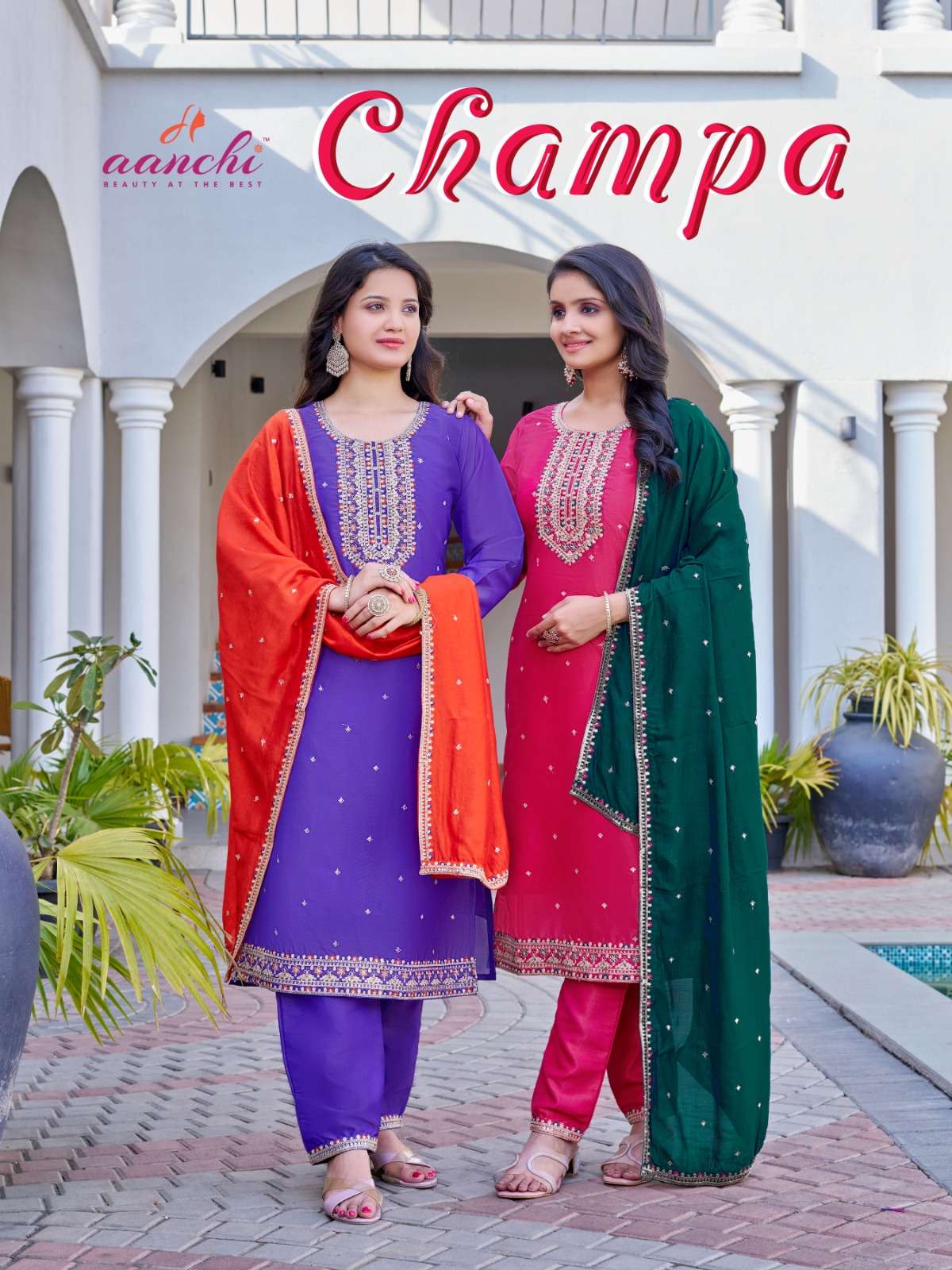 AANCHI CHAMPA 1001 TO 1004 SERIES PURE ROMAN SHIMMER EMBROIDERY DRESSES-00286