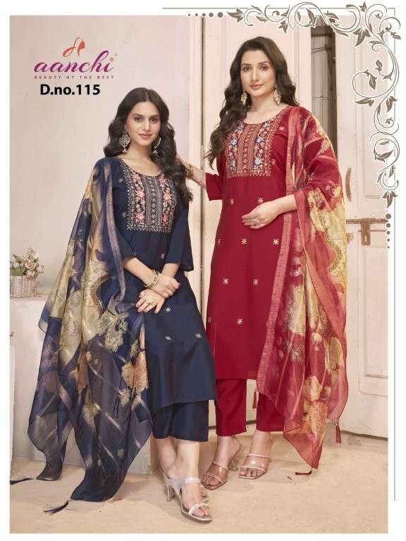 AANCHI DN-115 PURE ROMAN SILK EMBROIDERY DRESSES-00286