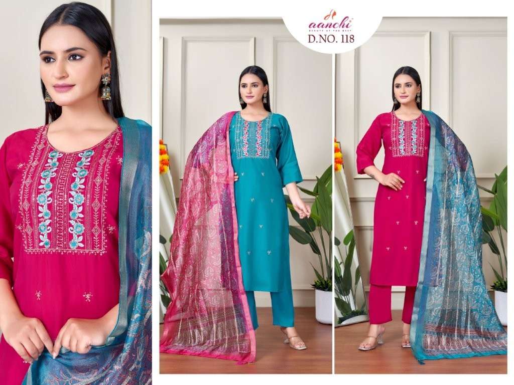 AANCHI DN-118 PURE ROMAN SILK EMBROIDERY DRESSES-00286