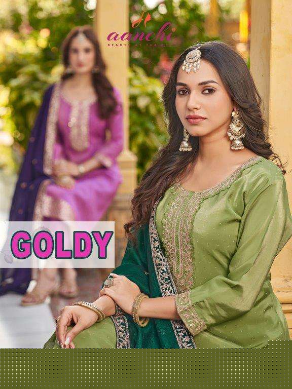 AANCHI GOLDY PURE ROMAN SHIMMER EMBROIDERY DRESSES-00286