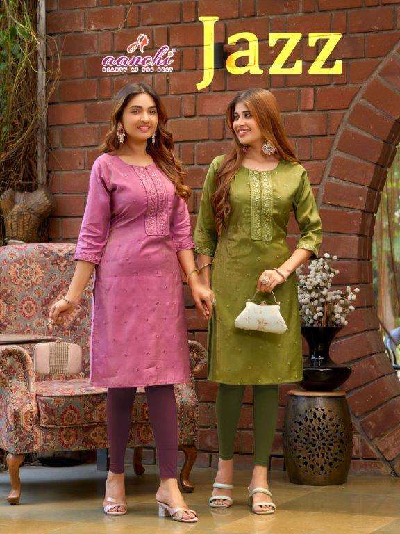 AANCHI JAZZ PURE FANCY ROMAN SHIMMER EMBROIDERY KURTIS-00286