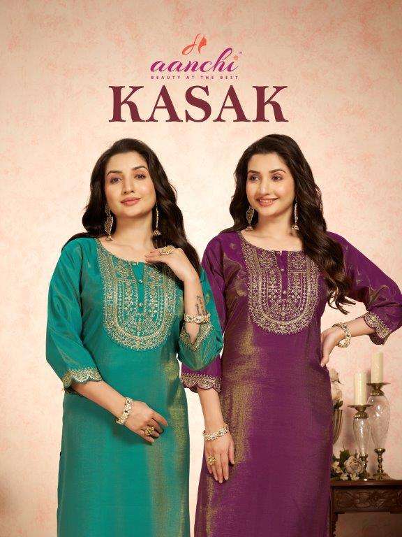 AANCHI KASAK 1001 TO 1004 SERIES PURE ROMAN SHIMMER EMBROIDERY KURTIS-00286