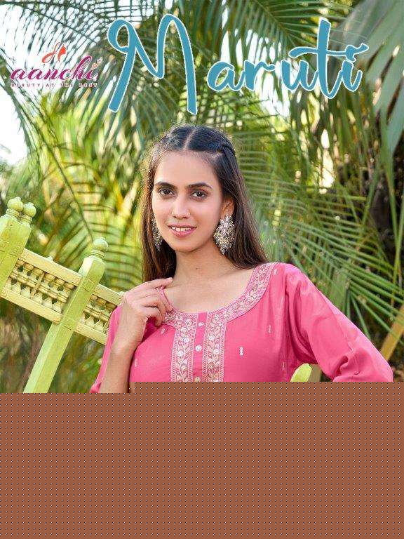 AANCHI MARUTI PURE FANCY ROMAN SHIMMER EMBROIDERY KURTIS-00281