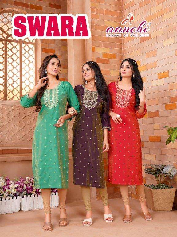 AANCHI SWARA 100149 TO 100152 SERIES PURE ROMAN SHIMMER FANCY EMBROIDERY KURTIS-00286