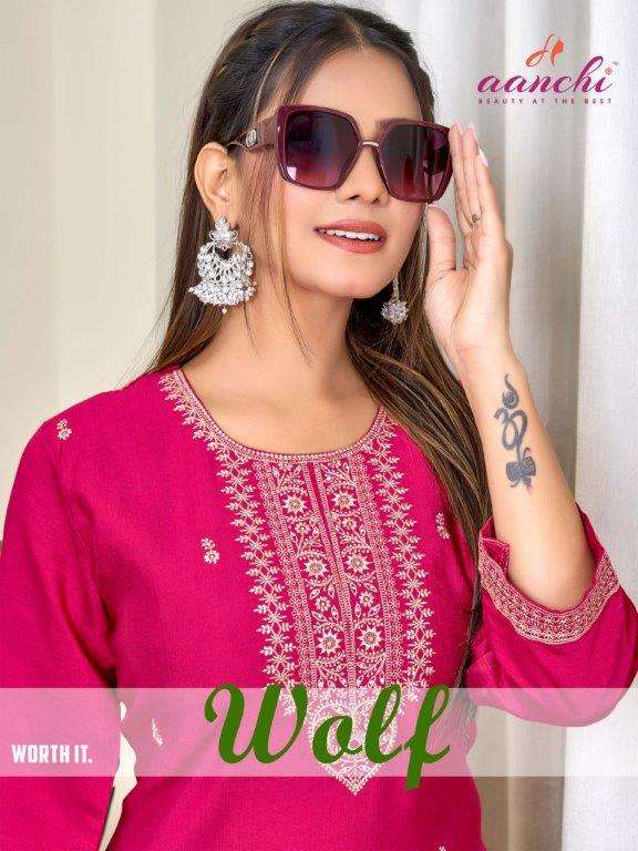 AANCHI WOLF 1001 TO 1005 SERIES PURE VATICAN EMBROIDERY FANCY KURTIS-00286