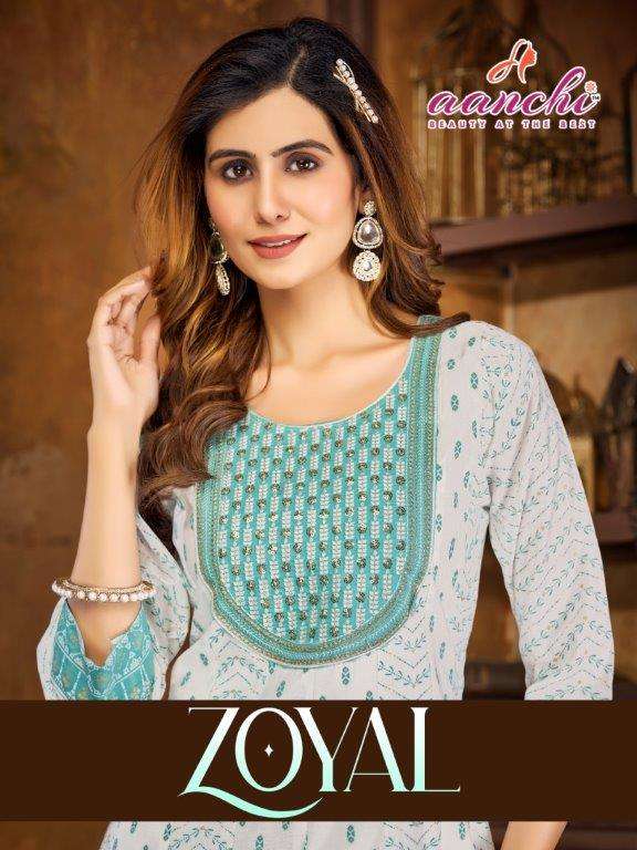 AANCHI ZOYAL 101 TO 105 SERIES PURE ROMAN SHIMMER EMBROIDERY KURTIS -00286