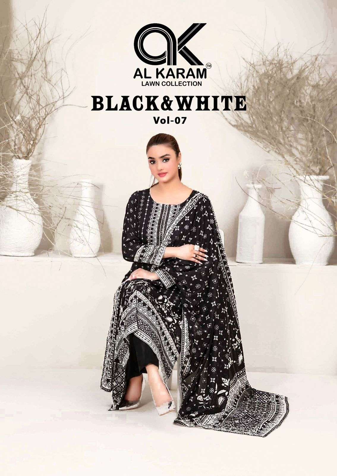 AL KARAM BLACK AND WHITE VOL-7 7001 TO 7006 SERIES PURE LAWN PAKISTANI DRESSES-00201