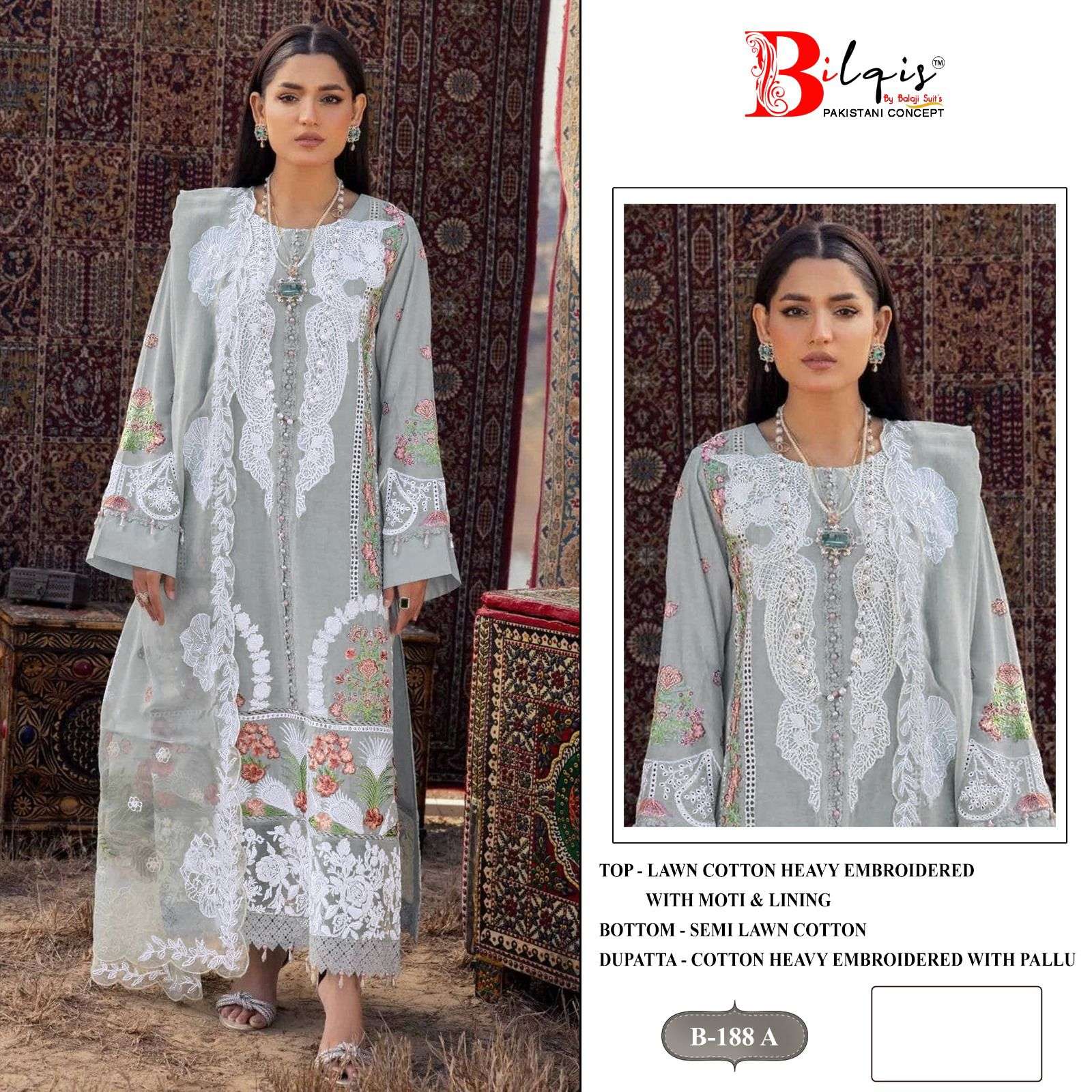 BILQIS B-188 COLOUR HEAVY EMBROIDERY CAMBRIC COTTON LAWN PAKISTANI DRESSES-00201