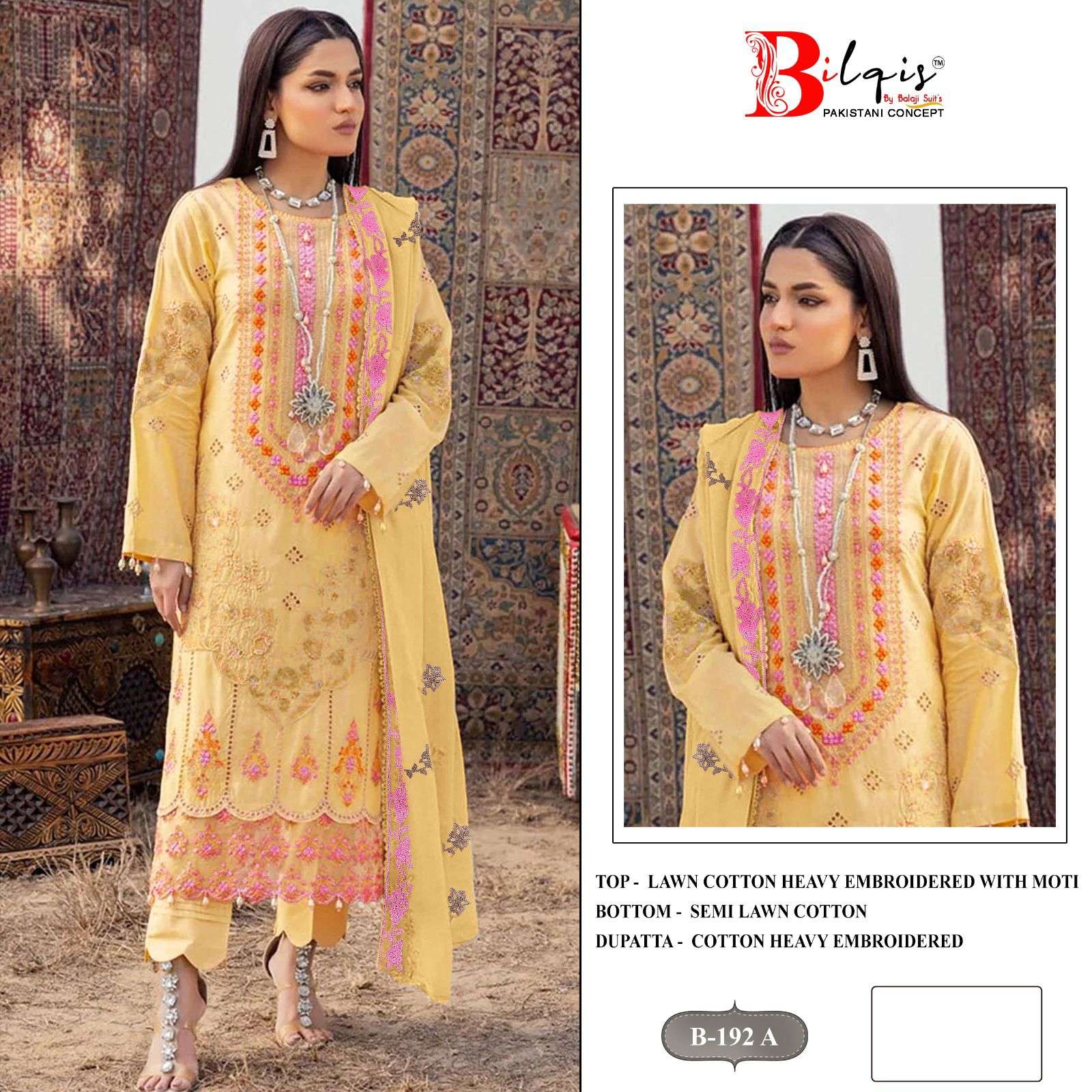 BILQIS B-192 COLOUR HEAVY EMBROIDERY LAWN COTTON PAKISTANI DRESSES-00201