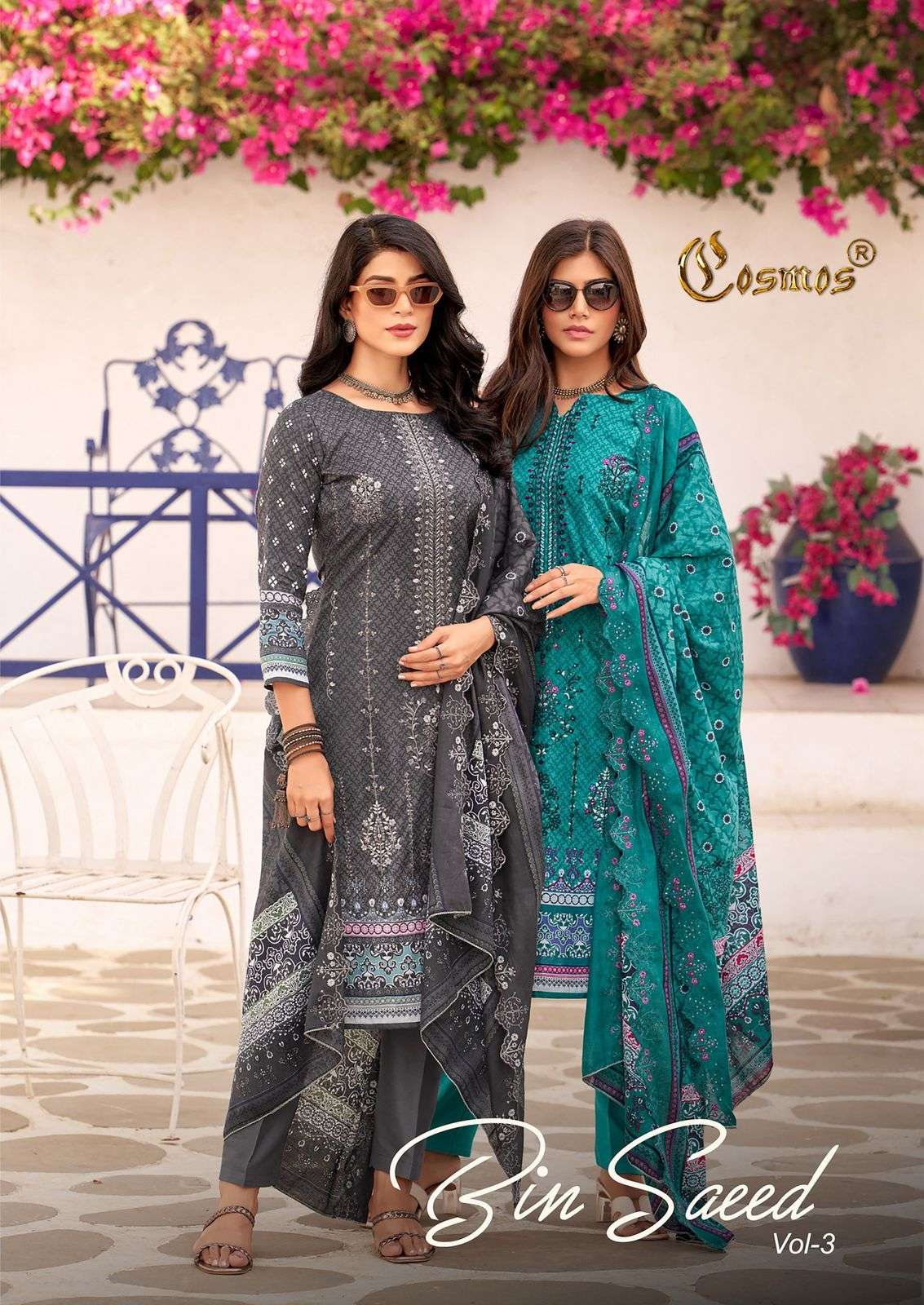 COSMOS BIN SAEED VOL-3 3001 TO 3008 SERIES PURE LAWN COTTON EMBROIDERY PAKISTANI DRESSES-00201